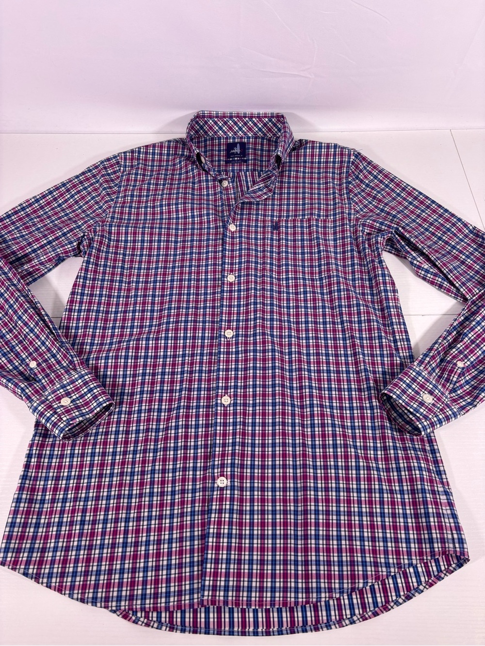 Johnnie-O Bamboo Blend Plaid Button Down Shirt Pink Blue Size 16
